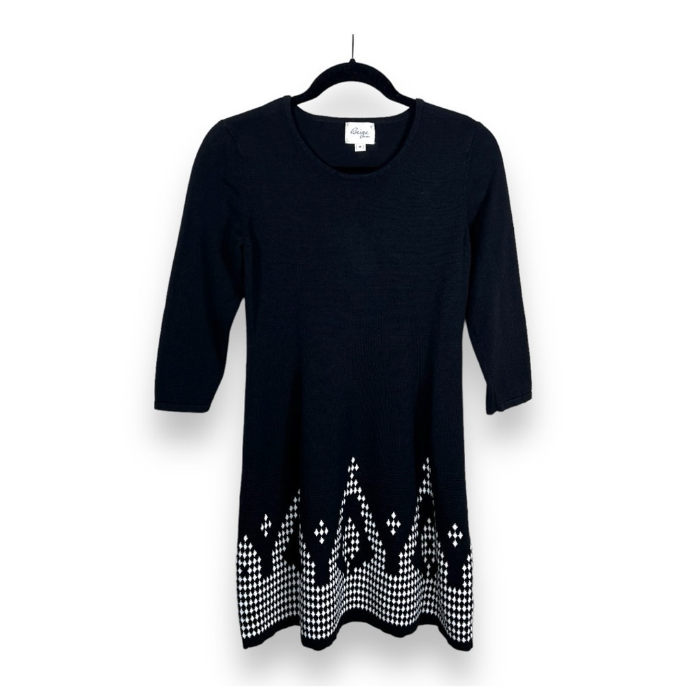 MEDIUM ECI BRAND SWEATER DRESS BLACK WHITE KNIT PULLOVER STRETCH 3/4 SLEEVE